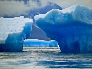 Icebergs floating in a cold, blue sea.