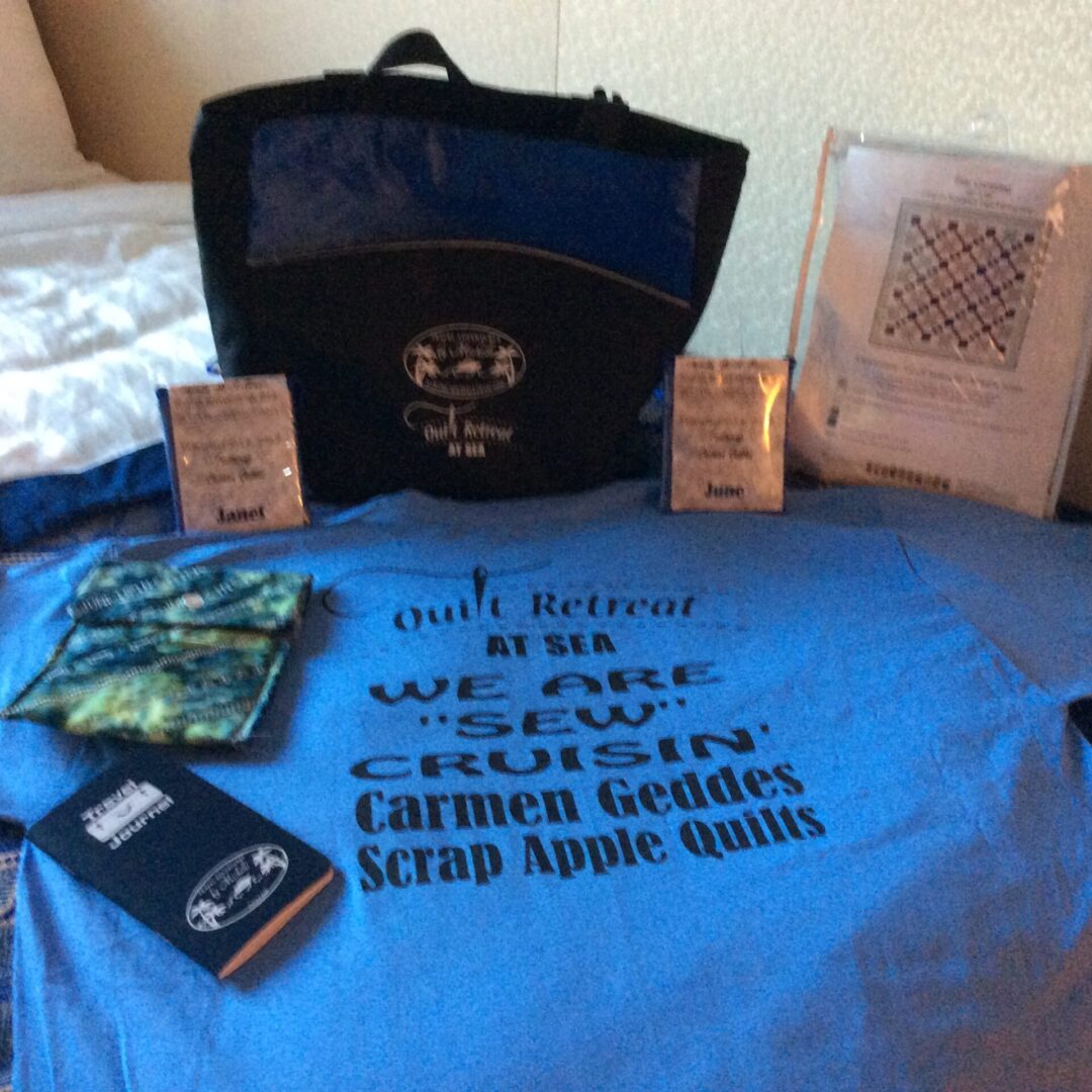 Quilt retreat items on display table.