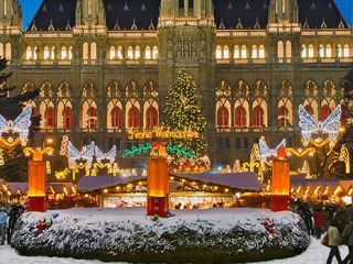 Festive Christmas market with illuminated decorations.